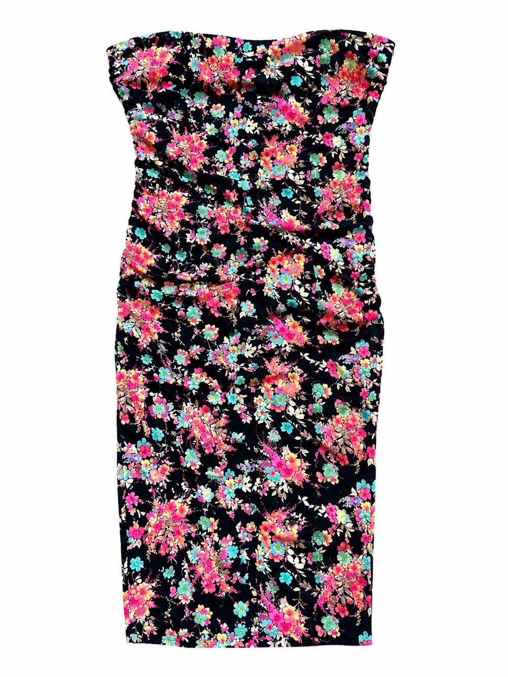 Lilly Floral Strapless Bodycon Midi Dress Women’s Medium Black Pink Tropical